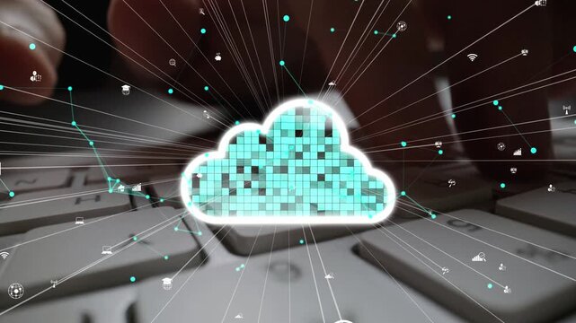 Hands typing on a keyboard with a digital cloud graphic representing data flow and connectivity, illustrating modern digital transformation in technology. Xenic