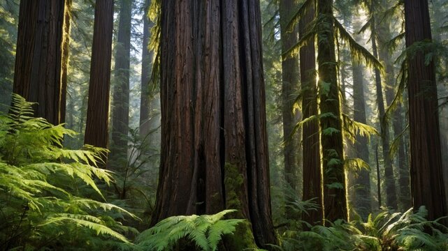 Majestic towering redwoods surrounded by lush ferns in a serene forest with soft sunlight filtering through