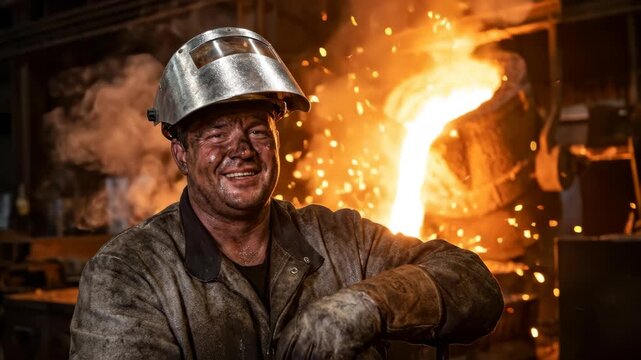Man in foundry pouring molten metal from ladle. Smiling worker with protective helmet and gloves handling hot liquid steel. Industrial manufacturing process and labor enthusiasm concept.