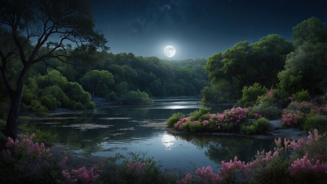 Serene moonlit landscape reflecting on a tranquil river surrounded by lush greenery and flowers