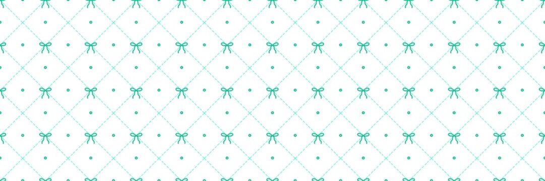 Seamless mint green ribbon bow and diamond grid pattern on white background. A cute feminine aesthetic texture for gift wrapping and textiles.