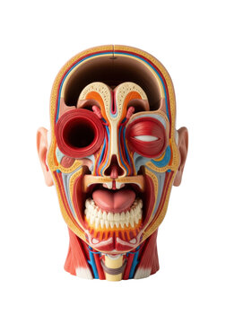 Detailed color-coded plastic model of a human head coronal cross-section showing internal cavities on a white background concept of anatomical study