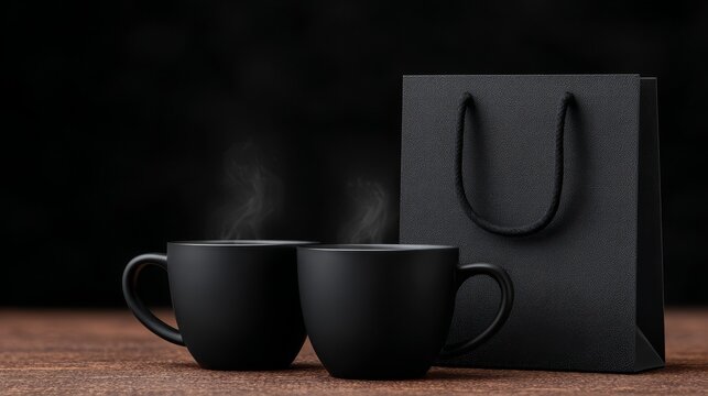 Two matte black steaming cups beside a matching gift bag on a wooden table create a sleek, luxurious scene ideal for branding, packaging mockups, and premium cafe promotions.