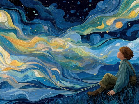 Maximalist Dark Blue Vibrant Trailing Nebula Sea Foam Falling Lines Little Boy Sitting Ground Looking Up Grand Typography Art