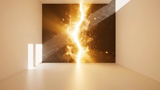 A room with a large wall featuring a glowing, fiery, crack-like design with sunlight