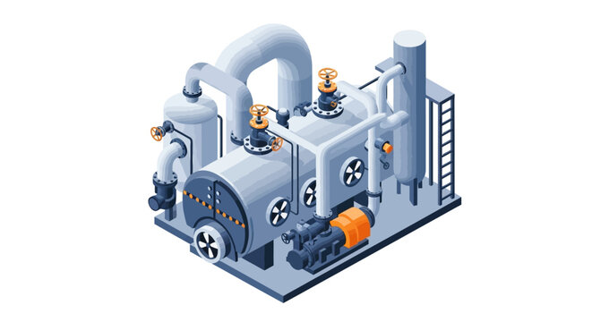 Industrial boiler system for generating steam and heating, with complex piping and intricate machinery, showcasing a heavy-duty manufacturing process