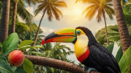 Fototapeta premium Vibrant toucan perched on a branch with a ripe apple, surrounded by lush palm trees at sunset