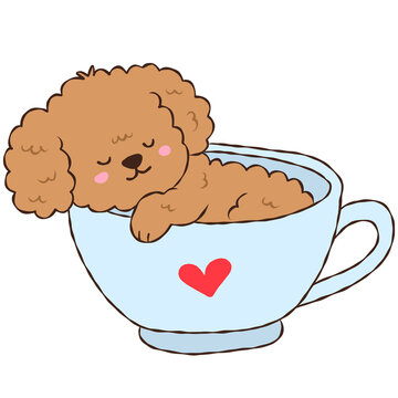 Cute Brown Poodle Puppy Sleeping in a Coffee Cup, Adorable Tiny Dog in Mug Illustration