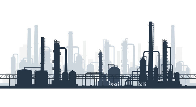 Industrial complex vector silhouette. Chemical plant or oil refinery illustration with towers, tanks, pipes. Symbolizing manufacturing, energy production, and heavy industry