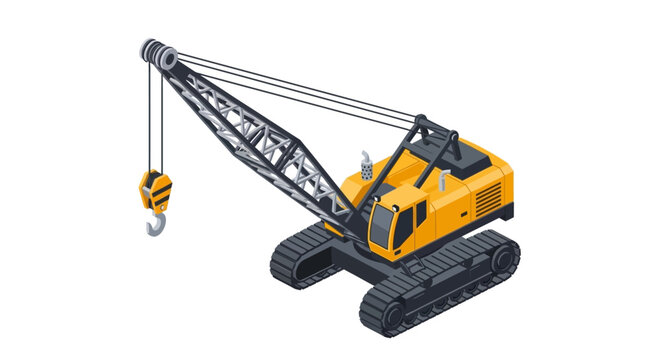 Isometric illustration of a yellow crawler crane with a hook and cable for lifting heavy objects on a white background