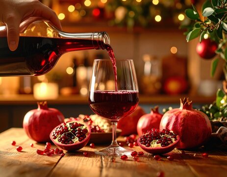 Festive holiday scene with pou red wine into a glass surrounded by pomegranates and Christmas decorations in warm cozy setting