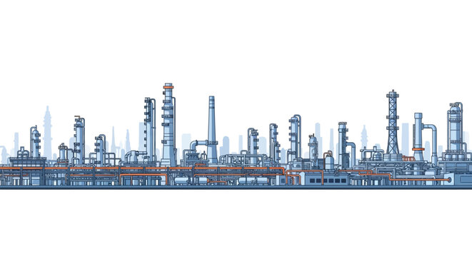 Detailed illustration of a large industrial complex with multiple towers and pipelines under a sky with faint city skyline in the background