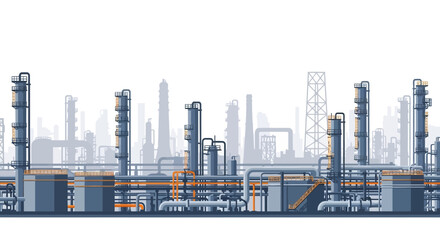 Obraz premium Industrial landscape with oil refinery plant structures, pipelines and towers under a clear sky, representing the energy sector and manufacturing processes