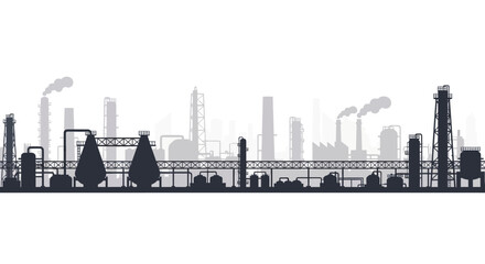 Obraz premium Industrial landscape silhouette with smokestacks emitting plumes of smoke against a light background, representing heavy industry and manufacturing operations