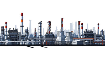 Obraz premium Industrial cityscape with towering structures, pipelines, and cooling towers, symbolizing heavy manufacturing and energy production in a sprawling industrial complex