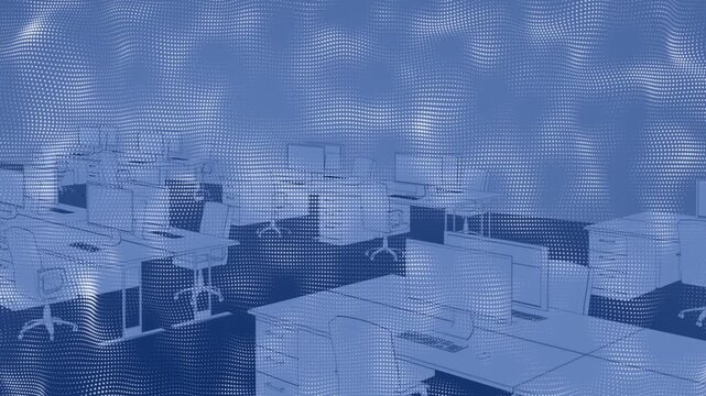 Empty business open office revealing desks chairs monitors as dotted mesh fading unveiling layout