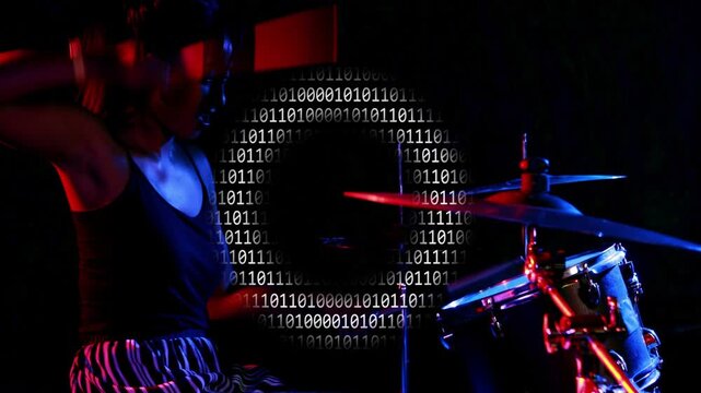 Downbeat cueing drummer raising sticks, striking kit, red-blue pulse, binary circle syncing beats