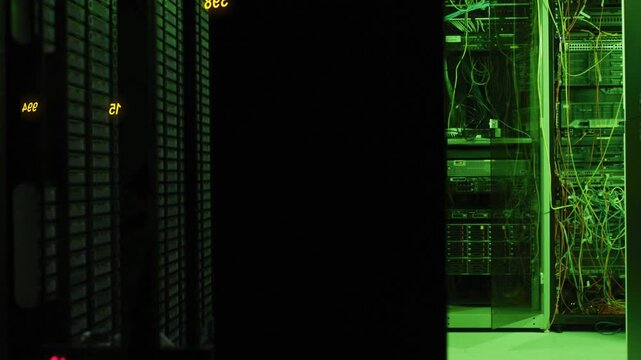 Vertical video: HUD starting on panel, yellow markers shifting fading tracking net on racks cables