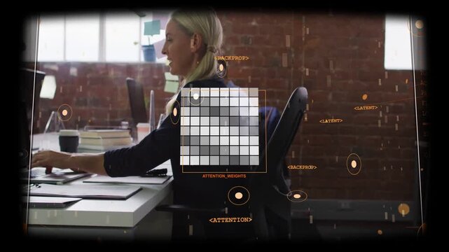 Vertical video: Typing dark-top woman at desk seeing AR ATTN WEIGHTS grid, picking, passing folder