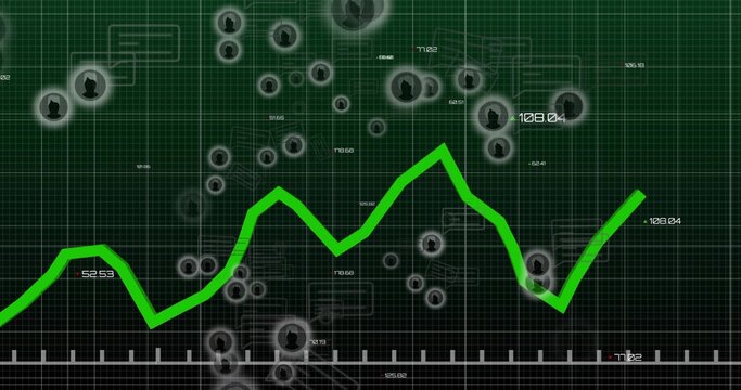 Showing neon jagged green trend line moving across dark grid with glowing nodes, labels, axis ticks