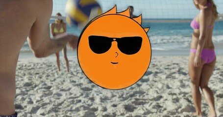 Fototapeta premium Showing orange sun graphic covering center on beach, group hitting volleyball at net, pink bikini