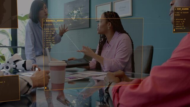 Seated woman tapping tablet and speaking at glass table, AR HUD showing PORT_SCANNER guiding fixes