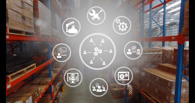 Displaying circular logistics overlay in warehouse aisle, showing pallet racking, boxes, shrinkwrap