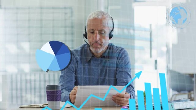 Male data analyst flipping pages, reviewing documents and causing animated data charts for insight