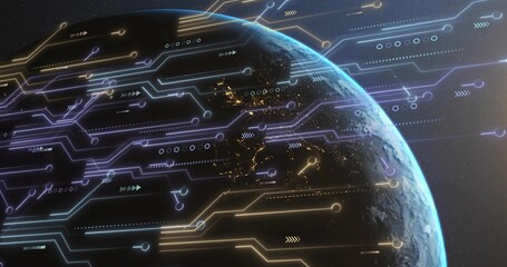 Fototapeta premium Displaying partially illuminated Earth showing neon circuit overlays and night lights from orbit