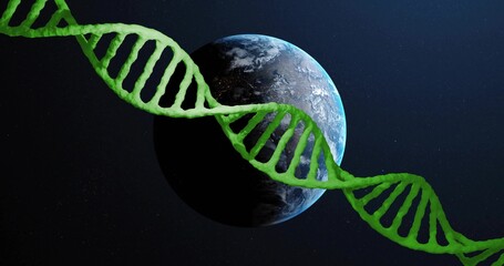 Fototapeta premium Spiraling stylized green DNA helix crossing over Earth orbit, showing day-night boundary and stars