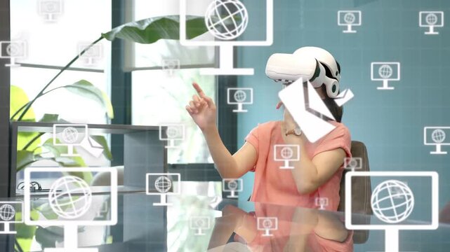 Globe icon appearing, woman wearing VR tapping and sorting floating mail icons for business