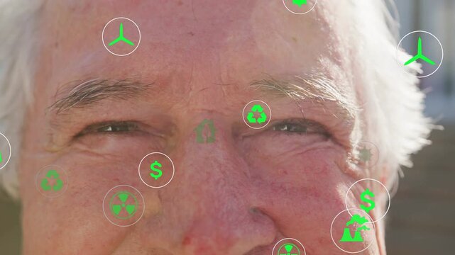 Senior man opening eyes, squinting from sun, floating green icons across face showing energy data