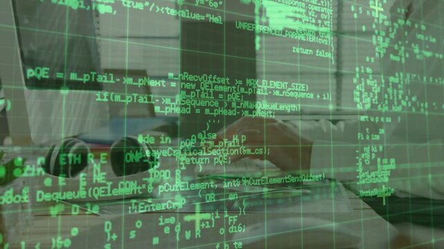 Senior developer typing on keyboard, pairing on code, green grid overlay increasing over hands