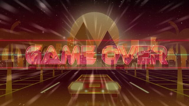 Sun radial streaks and sparks causing neon GAME OVER sign materializing, announcing game end