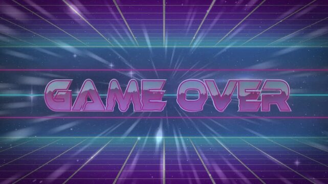 Magenta 3D GAME OVER text sweeping from upper-left rotating to center pulsing to signal gaming end