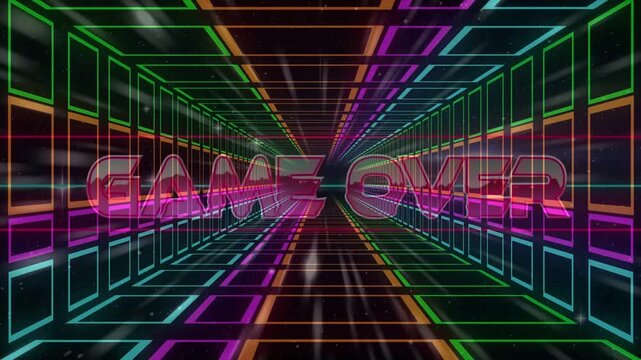 GAME OVER text fading in, neon corridor pulsing and zooming, particles drifting, signaling game end
