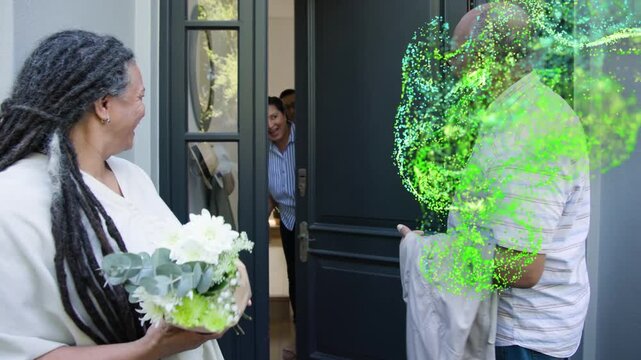 Homeowner knocking door, green glow emerging around door, woman giving flowers, family reuniting
