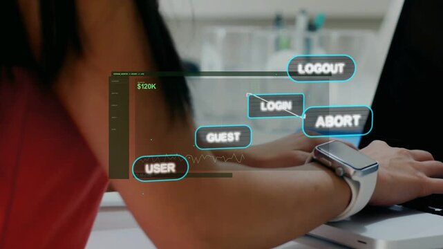 Woman placing hands on laptop, activating finance HUD showing $120K and managing account access