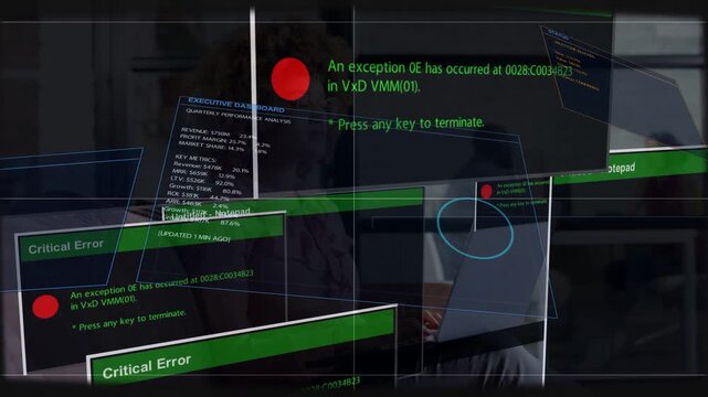Businesswoman glancing at PC while sliding-in UI panels overlaying scene and causing error response