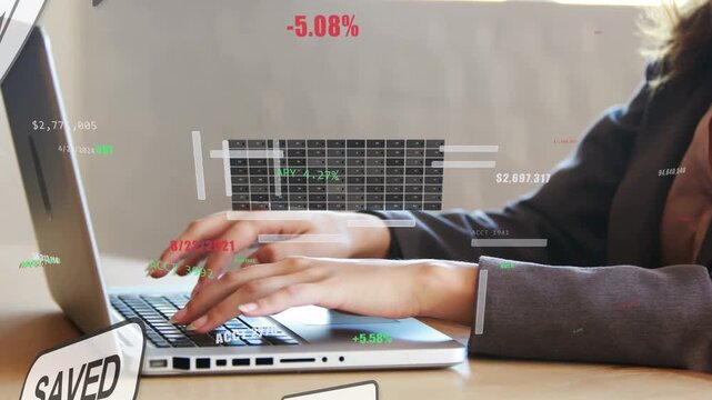 Woman typing on laptop, causing animated finance charts and badge bubbles updating to track metrics