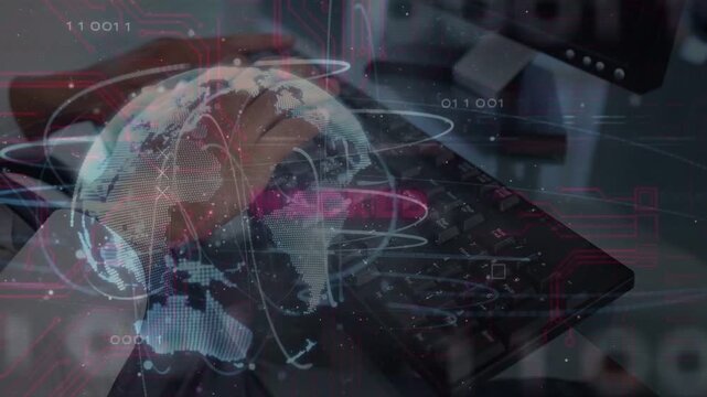 IT user typing on keyboard and invoking holo globe HUD, escalating to HACKED cybersecurity alert