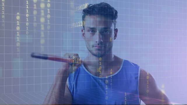 Man holding pole, grid appearing, binary code flowing across torso, lighting shifting cool for tech
