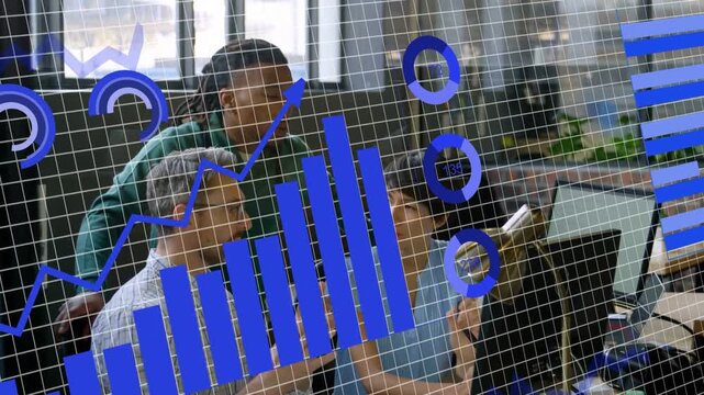 Team gathering at desk, analyzing business data while bar chart rising causing gestures for report