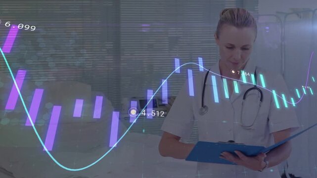 Doctor flipping, writing notes at empty bed as purple bars and cyan wave sliding, causing updates
