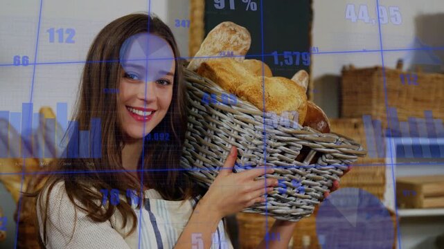 Woman adjusting basket of bread on cue in bakery, blue chart overlaying scene for marketing