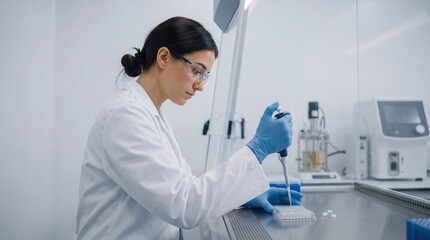 Naklejka premium Female scientist pipetting liquid samples into microplate in sterile modern laboratory, conducting biological research or medical testing with precision instruments and protective