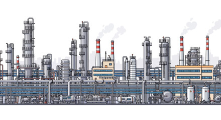 Obraz premium Industrial plant with complex structures, pipes, and smoking chimneys, representing manufacturing and energy production in a detailed illustration