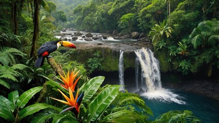Fototapeta premium Vibrant toucan perched on lush foliage near a cascading waterfall in a tropical rainforest setting