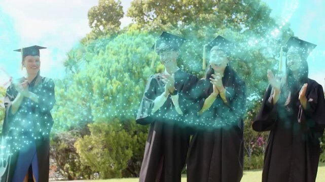 Grads reacting to offscreen call one stepping getting diploma clapping teal swirling across faces