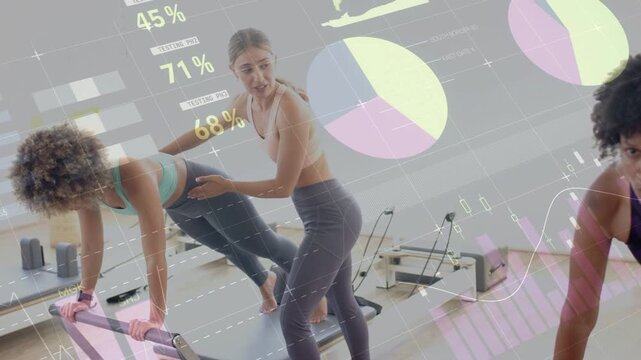 Instructor placing hands guiding client in Pilates, graphs tracking form as camera shifting right